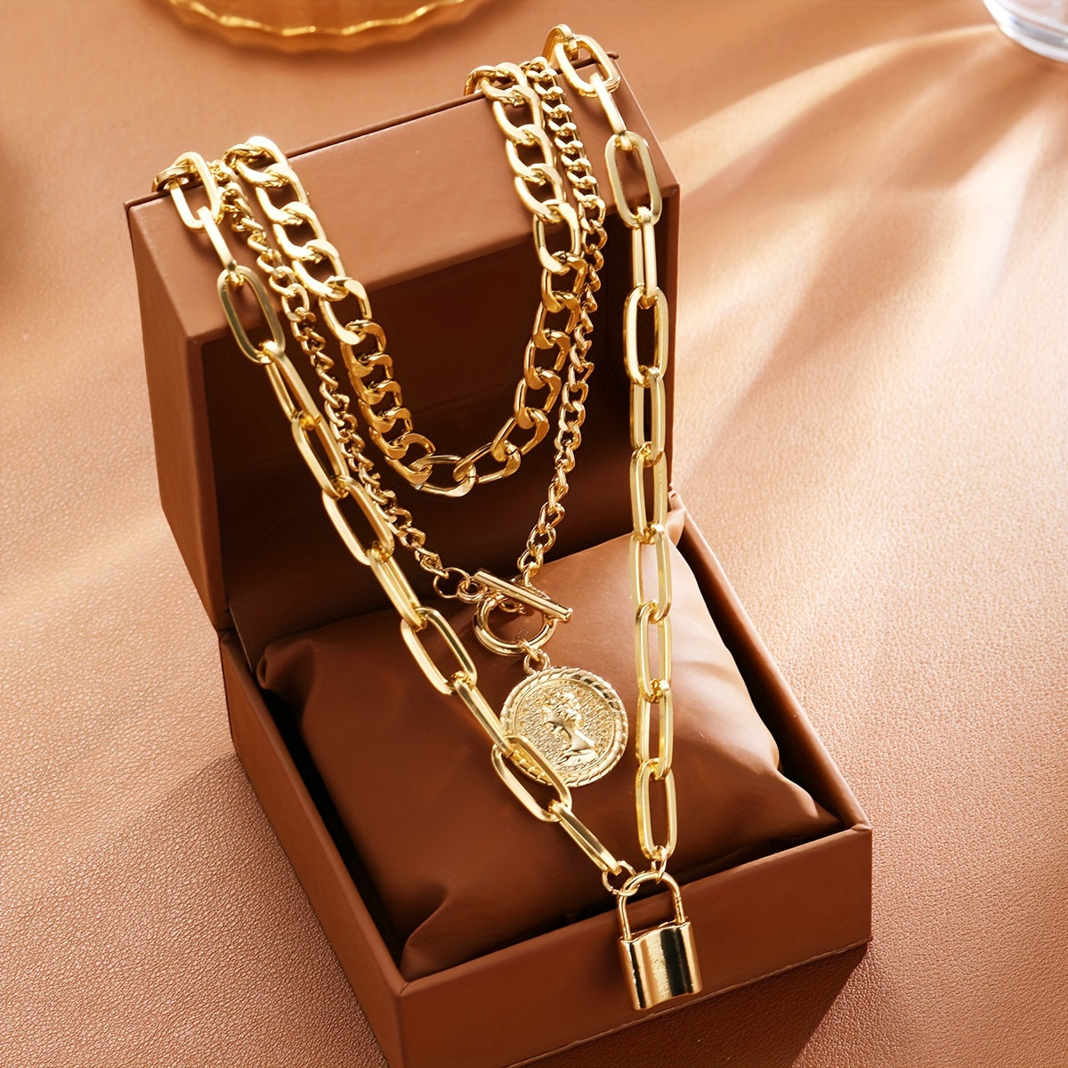 3pcs Womens Fashion Chain Necklace Set Minimalist Latin Coin Lock Pendant TripleLayer Thick Chain Layered Necklace for Daily Wear Dates Vacations and Parties No Box